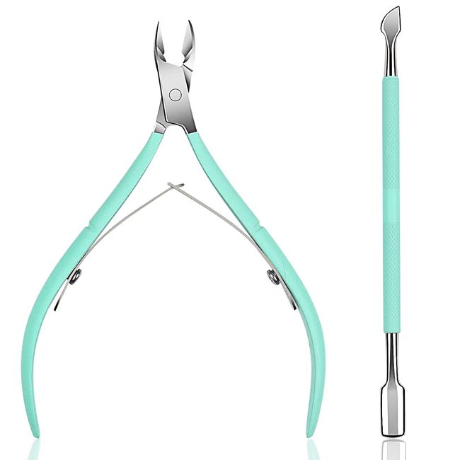 Cuticle Nipper with Cuticle Pusher-Professional Grade Stainless Steel Cuticle Remover & Cutter-Durable Manicure and Pedicure Tool (Green)