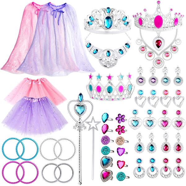 WATINC 52Pcs Princess Jewelry Toy Pretend Play Capes Cloaks Ballet Tutu Skirts for Little Girls Crowns Necklaces Jewel Rings Earrings Bracelets Wands Cape Shawl Costume Dress Up Accessories for Kids