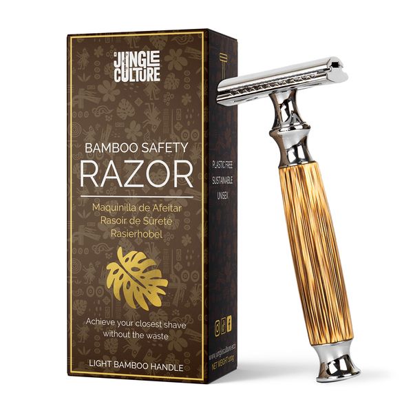 Jungle Culture® Bamboo Safety Razor for Men & Women • Premium Eco Friendly Razor & Travel Bag • Fits Double Edge Razor Blades • Single Blade Reusable Razor • Plastic Free & Zero Waste Shaving • Light