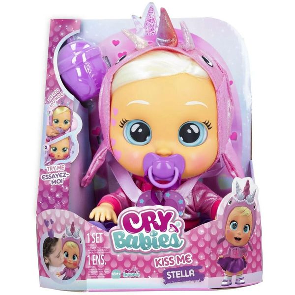 Cry Babies Kiss Me Stella - 12" Baby Doll | Deluxe Blushing Cheeks Feature | Shimmery Changeable Outfit with Bonus Baby Bottle, for Girls and Kids 18M and up