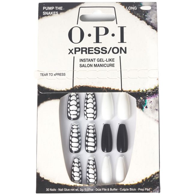 OPI xPress/ON Press On Nails, Up to 14 Days of Gel-Like Salon Manicure, Vegan, Sustainable Packaging, With Nail Glue, Long 3D Snakeskin Nail Art, Coffin Shape, Pump the Snakes