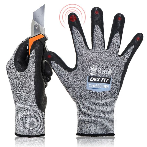 DEX FIT 15-Gauge Level 4 Cut Resistant Gloves Cru553 Thin, 3D Comfort Ultra Soft, High-Dexterity for Precision Feel, Grey X-Small 1 Pair