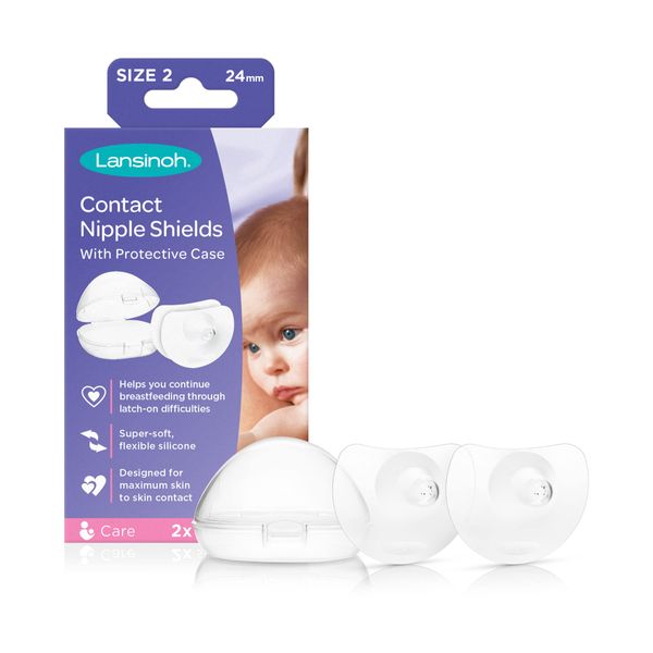 Lansinoh Contact Nipple Shield with Carrying Case, 2 Count, 24mm, for Breastfeeding Assistance with Short Term Latch On Difficulties, Ultra-Thin, Super Soft, Flexible, 100% Silicone, BPA and BPS Free