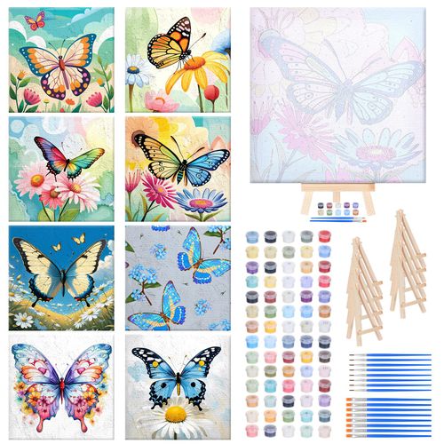 RoundFunny 8 Set Paint by Numbers Kit with 8x8 Inch Landscape Painting Canvas Wooden Frame Easel Acrylic Paints Brushes Numbers Drawing Kit for Gift Home Wall Decor(Classic Flutter)