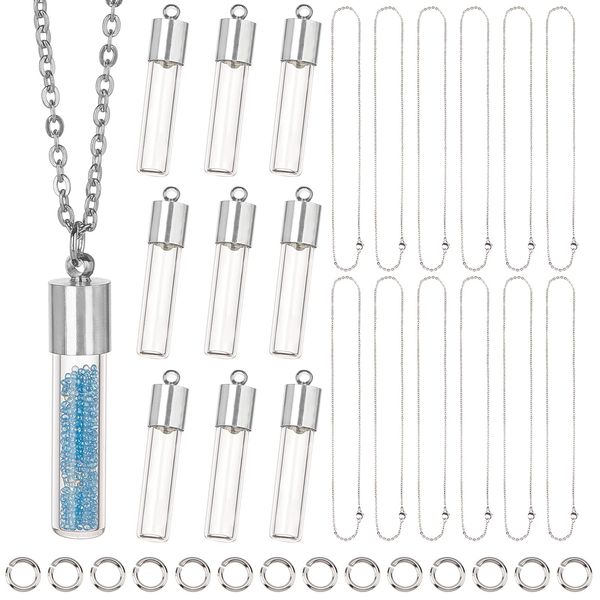 SUNNYCLUE Box of 12 Small Vials Necklace Charms Glass Pendant Transparent Mini Bottle Glass Vial Miniature Bottle Colorful Glass Bottle Cork Bottle Glass Container Silver Bracelet Cute Ornaments