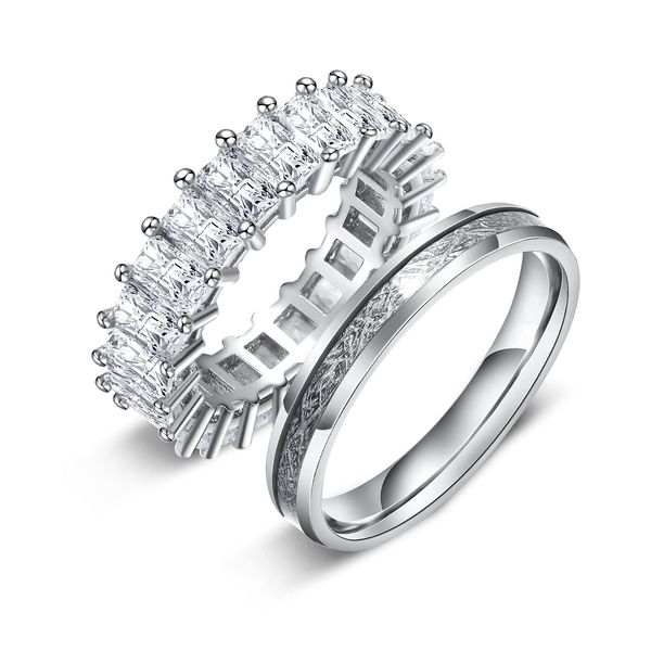 GALANI Ringe für Frauen Männer 2 Stücke Edelstahl Eheringe Verlobungsring Vertrauensring mit Diamant und Meteorit Aufkleber Unisex Silber Partnerring 4MM 5MM Größe 57(18.1)