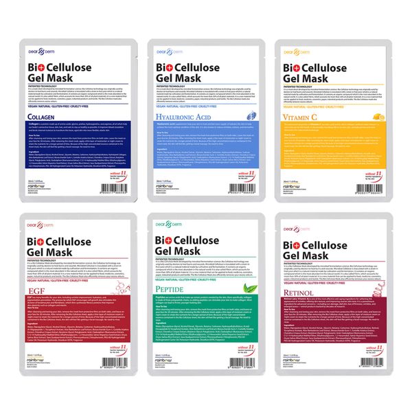 6 Gel Masks Assorted - Bio Cellulose Gel Sheet Mask – Collagen, EGF, Hyaluronic Acid, Peptide, Retinol, Vitamin C (6pcs in total)