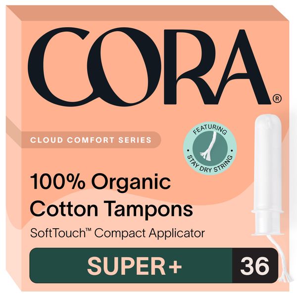 Cora Organic Applicator Tampons | Super Plus Absorbency | 100% Organic Cotton, Unscented, BPA-Free Compact Applicator | Leak Protection | Packaging May Vary | 36 Total