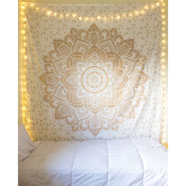 raajsee Metallic Gold Tapestry Wall Hanging Mandala-Bohemian Dorm Decor Hippie Tapestries-Boho Bedding Golden bedspread yoga mat throw