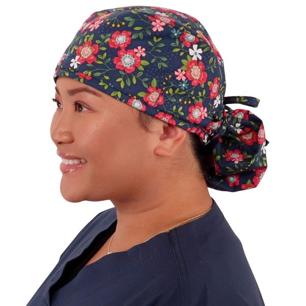 Sparkling EARTH Precious Primrose on Navy Big Hair Surgical Scrub Ponytail Style Working Caps - 100% Cotton - Made in The USA