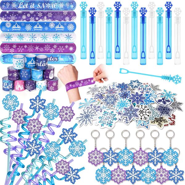 Golray 98pcs Frozen Party Favors Elsa Birthday Supplies for Girls Kids Snowflake Straw Bubble Wands Sticker Toy Prize Filler Goodie Bag Stuffer Winter Girl Party Favors