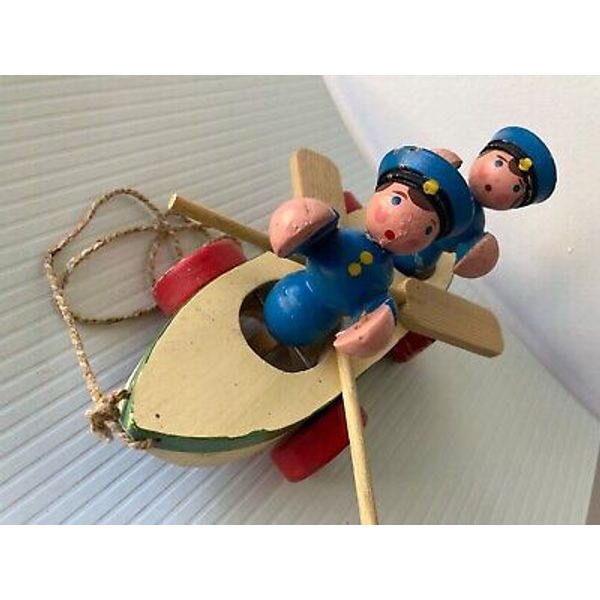 VTG WOOD PULL TOY ROWING BOAT SAILORS PADDLE CANOE WWII ERA VINTAGE WOODEN 8-5/8