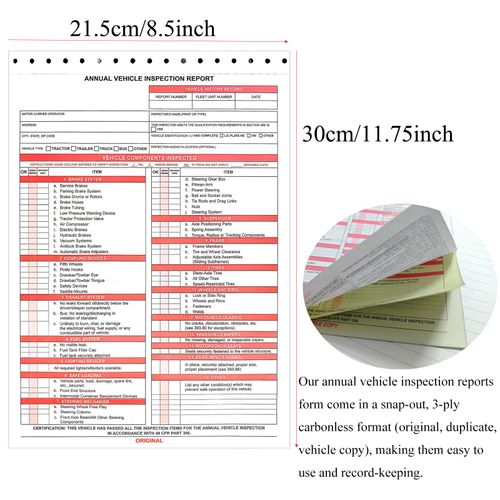 30 Pack Annual Vehicle Inspection Report Form & Red FMCSA Label Permanent Aluminum Stickers 3-Ply Carbonless DOT Compliant Vehicle Inspection Report Forms