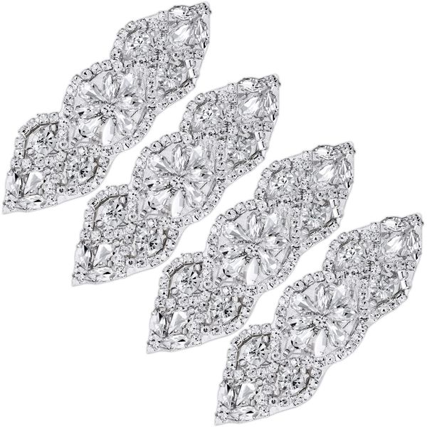 4 Pieces Rhinestone Applique Rhinestone Iron on Patch Rhinestone Hot Fix Applique Wedding Hair Appliques for Bridal Wedding Dress Clothes Sash Crystal Belt Sewing Appliques for Shoes (Silver)