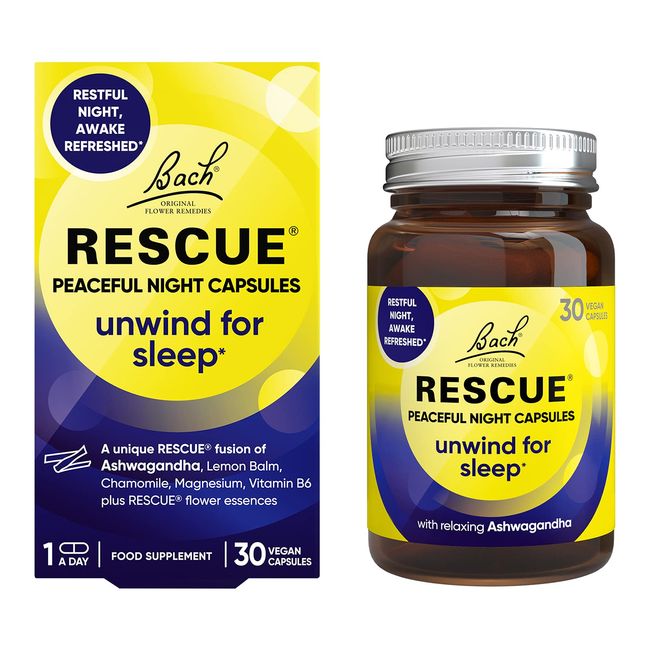 Rescue Peaceful Night Capsules, Unwind for Sleep, Ashwagandha, Chamomile, Magnesium, Vitamin B6, Natural Flower Essences, Vegan, 30 Capsules