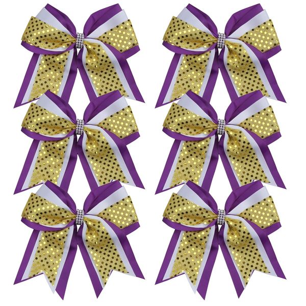 Cheerleader Bows 8 Inch 3 Layers 6 Pcs Ponytail Holder Jumbo Cheerleading Bows Hair Elastic Hair Tie for High School College (Purple/White/Gold)