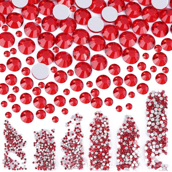 1728 Pieces Nail Crystals Nail Jewels Red Rhinestones Round Beads Flatback Glass Charms Gems Stones with 6 Sizes Diamonds for Nails Decoration Clothes Shoes Phone Case - Mixed SS4 5 6 8 10 12