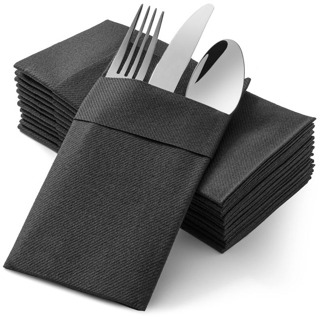 AH AMERICAN HOMESTEAD Paper Dinner Napkins - Linen-Like Wedding Napkins with Pocket for Silverware - Pre-Folded Disposable 15.75"x15.75" Size - Cloth-Like Thick and Highly Absorbent (50 Count Black)