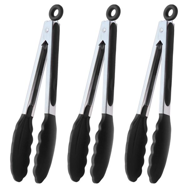 HINMAY 9-Inch Stainless Steel Cooking Tongs with Silicone Tips, Set of 3 (Black)