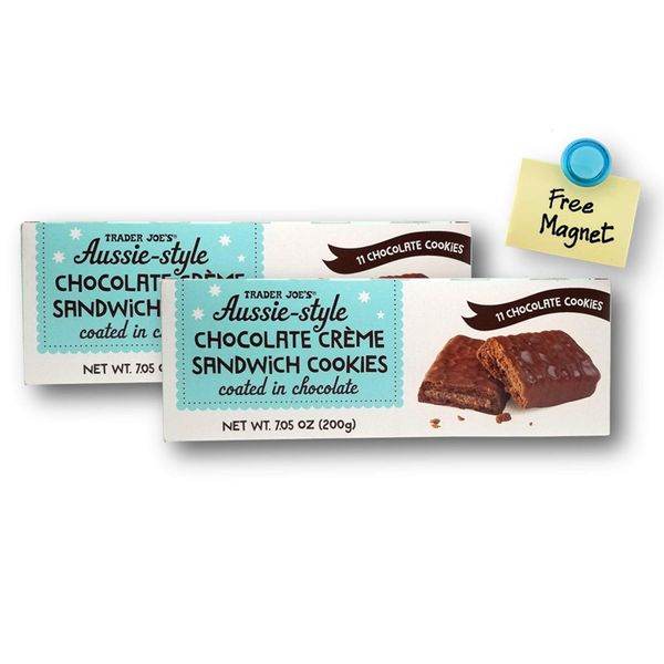 Trader Joe's Aussie-Style Chocolate Creme Sandwich Cookies 7.05 Oz. X 2 with 1 Bonus Colorful Round Refrigerator Magnet