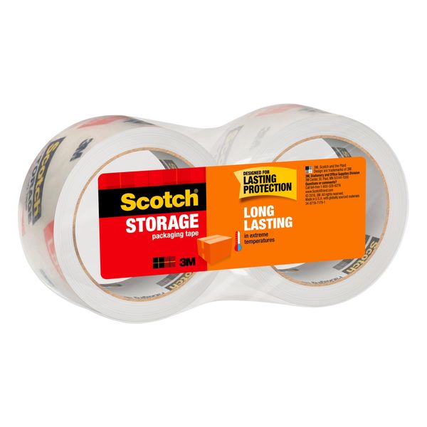 Scotch Long Lasting Storage Packaging Tape, 1.88" x 54.6 yd, Designed for Storage and Packing, Stays Sealed in Weather Extremes, 3" Core, Clear, 2 Rolls (3650-2)