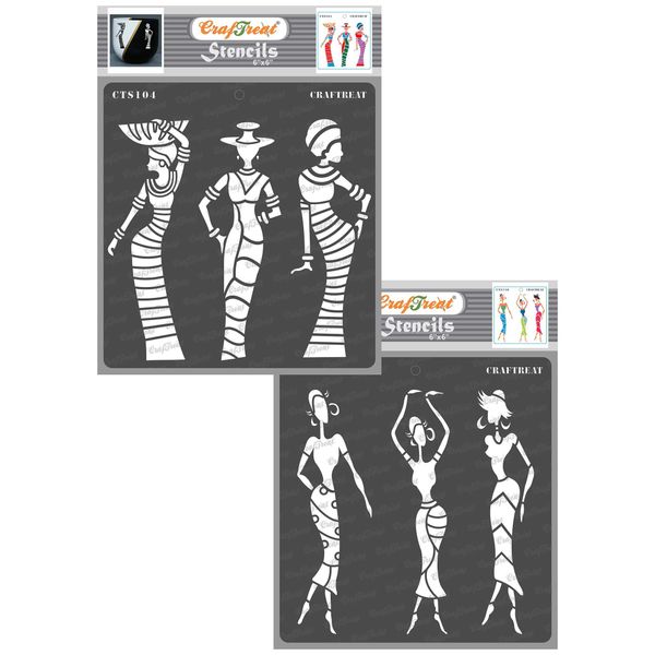 CrafTreat Tribal Stencils for Painting on Wood, Wall, Tile, Canvas, Paper, Fabric and Floor - African Models 1 and African Models 2-2 Pcs - 6x6 Inches Each - Reusable DIY Art and Craft Stencils