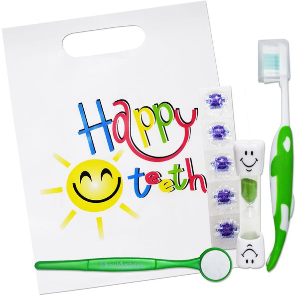 Happy Teeth Gift Bag ~ Childrens Toothbrush, Timer, Disclosing Tablets & Mirror (Green)
