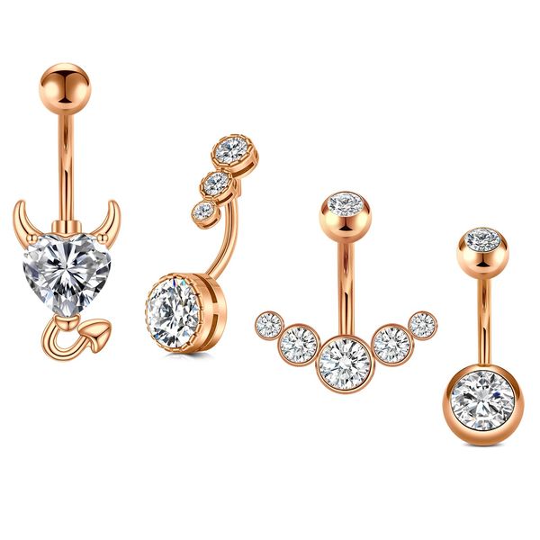 WillTen 14G Rose Gold Belly Button Bars Stainless Steel Women Belly Bar Heart Diamond CZ Navel Ring Piercing Jewellery