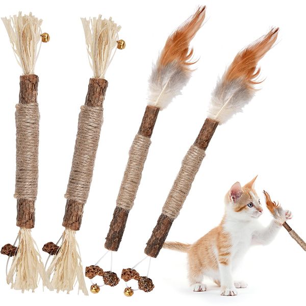 4 Pack Natural Silvervine Sticks, Catnip Toy Cat Chews Stick Toys for Indoor Cats Kitten, Teeth Molar Cleaning Relieve Interactive Silvervine Cat Nips Toy with Bell, Reduce Boredom Cats Accessories