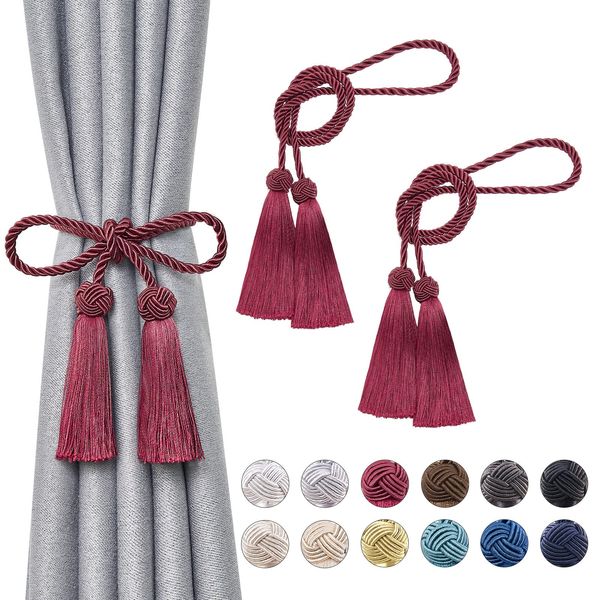 Pretty Jolly 2 Pack Double-ended Tassel Curtain Tiebacks Handmade Braided Rope Knot Drape Tie Backs European Style Decorative Curtain Holdbacks for Home & Office Window Drapery (Wine Red)