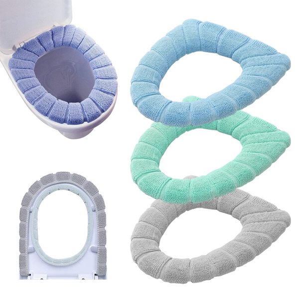 Guojanfon Bathroom Soft Thicker Warmer Stretchable Washable Cloth Toilet Seat Cover Pads, 3PCS (Blue, Pink, Grey)