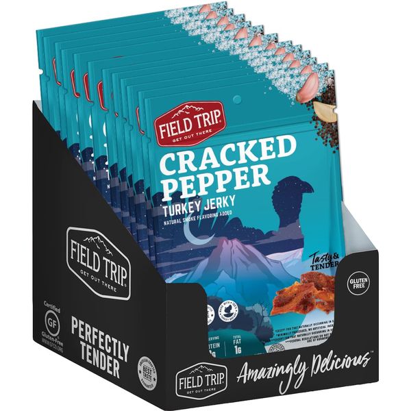 Field Trip Turkey Jerky, Gluten Free, Low Carb, Healthy High Protein Snacks, No Nitrates, All Natural Ingredients, Cracked Pepper, 1oz Bags, 12 Pack