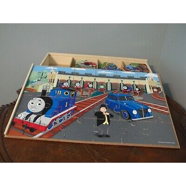 CARDINAL IND. (4) 24 PIECE THOMAS THE TRAIN PUZZLES W/ WOODEN STORAGE BOX EUC...