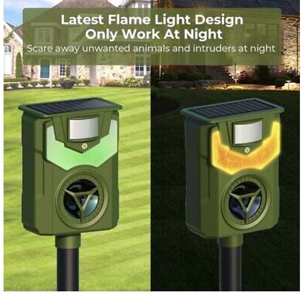 Solar Animal Repeller Ultrasonic Deer Repellent with Motion Sensor Flame Light