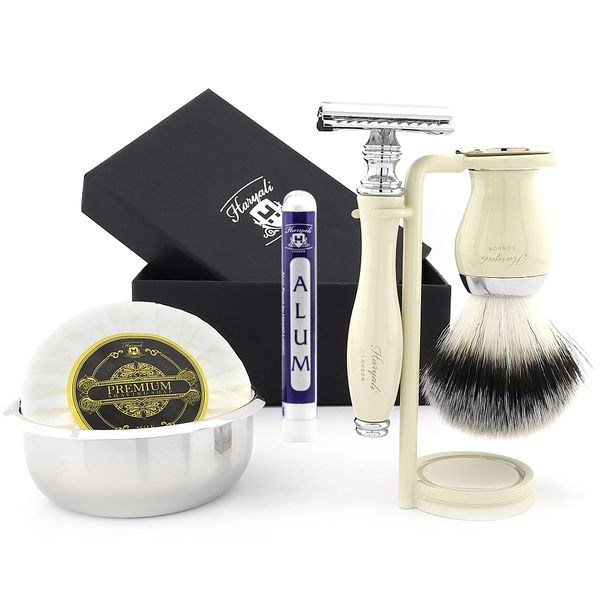 Haryali London Shaving Kit – 5 Pc Shaving Kit – Double Edge Safety Razor - Synthetic Hair Shaving Brush – Shaving Soap – Shaving Bowl – Alum – Antique Ivory Color Shaving Set as Gift