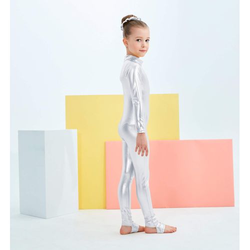 Kepblom Girls Shiny Metallic Mock Neck Unitard Long Sleeve Zipper Back One Piece Bodysuit Costume