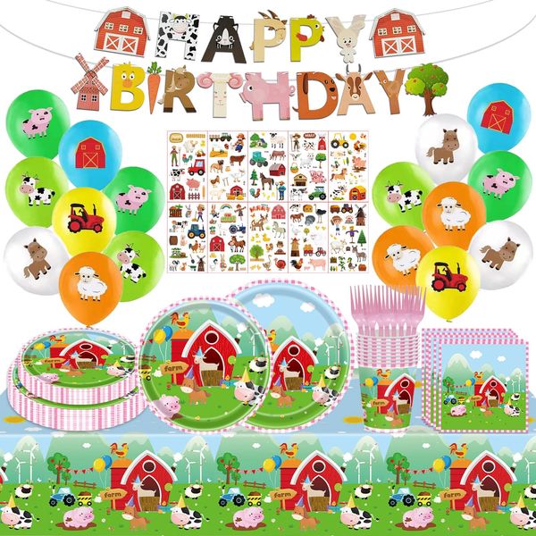 108PCS Farm Animal Birthday Party Supplies Barnyard Birthday Party Decoration for Boys Girls Barnyard Animal Tableware Set Paper Plates Napkin Balloon Tattoo Stickers Tablecloth Banner Serve 16