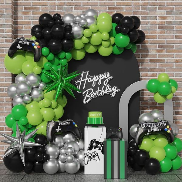 144Pcs Video Game Balloon Arch Garland Kit Green Black Silver Explosion Star Game Controller Mylar Balloons for Boys Kids Game On Level Favor Theme Birthday Party Decorations