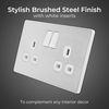 BG Electrical Double Switched Power Plug Wall Socket, Screwless, Evolve, Brushed Steel, 13A, PCDBS22W