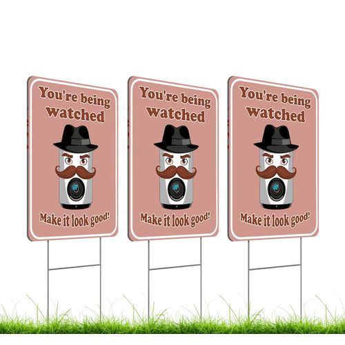 Set of 3 Double Sided 12x8 Inches Plastic Sign "You're Being Watched Make it Look Good!" - Property Under 24 hour Video Surveillance Sign - Smile Youre on Camera Signage With Stake