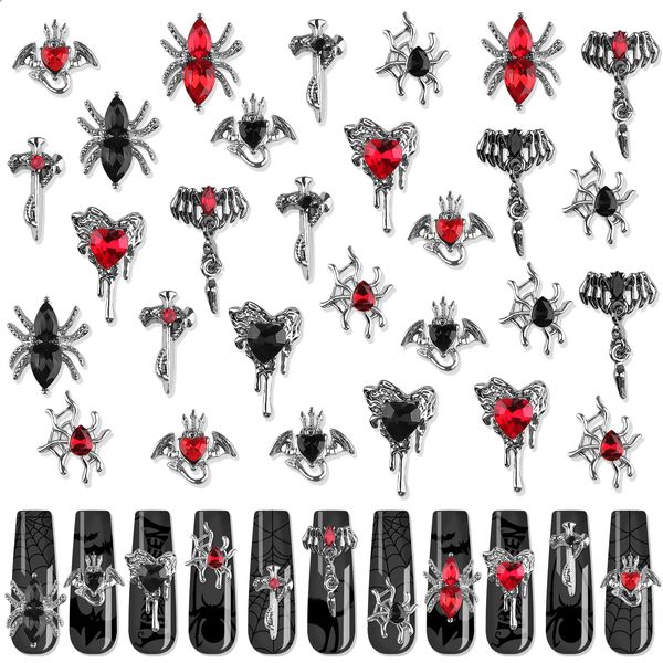 60PCS Halloween Nail Charms, EBANKU Alloy Nail Rhinestone for Acrylic Nails 3D Silver Spider Nail Art Rhinestone Jewelry Crafts Retro Nail Gems Halloween Gifts for Women Girls DIY Nail Art Decoration