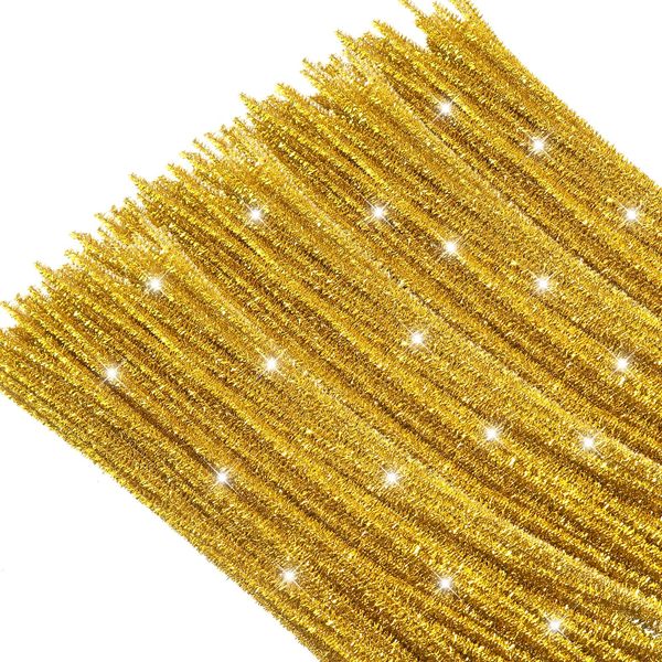 TOAOB 100pcs Christmas Glitter Pipe Cleaners Gold Metallic Pipe Cleaners Craft Supplies 6mm x 12 Inch Chenille Stems Pipe Cleaners for Art DIY Crafts Decorations