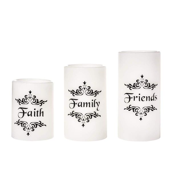 EcoGecko Set of 3 4", 5", 6" Real Wax Flameless LED Candles with Faith Family Friends Decal Battery Operated Inspirational Home Decor with 5 Hour Timer, Super Long Battery Life