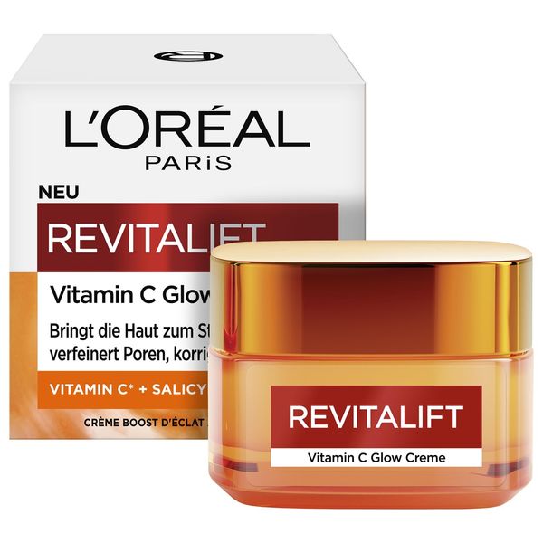 L'Oréal Paris Vitamin C Tagescreme, Gesichtspflege für strahlend glatte Haut, Mit Salizylsäure und lichtreflektierenden Pigmenten, Revitalift Vitamin C Brightening Cream, 1 x 50 ml