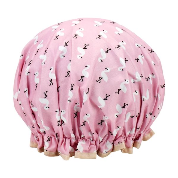 1 Pack Shower Cap for Women, Oil-proof Caps, Double Layers Waterproof Reusable Bath Caps With Ruffled Edge Covering for Girls, Women, Ladies, Kids (Pink Bird)