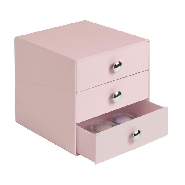 iDesign 35314EU Makeup Organiser with Three Drawers, Sturdy Plastic Storage Box for Makeup, Accessories, Jewelry and More, Compact Dressing Table Organiser, Pink