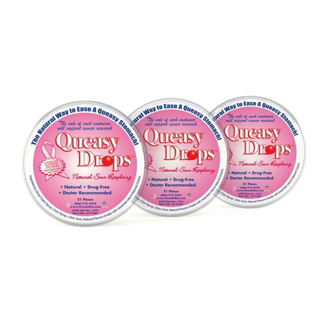 Queasy Drops – Supporting Breast Cancer Awareness | 3 Pack: 21 Drops Each | Nausea Relief (Chemo, Motion Sickness, Hangover etc.) | Drug Free & Gluten Free | Raspberry Flavor