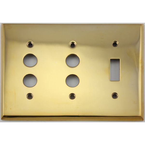 Unlacquered Polished Brass 3 Gang Combination Switch Plate - 2 Push Button Light Switch Opening 1 Toggle Switch Opening