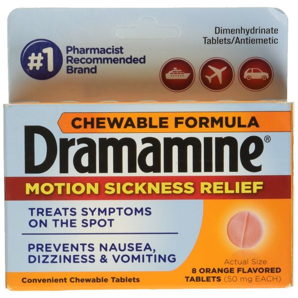 Dramamine Dimenhydrinate Tablets/Antiemetic, 50 mg, Chewable Tablets, Orange Flavor 8 Tablets