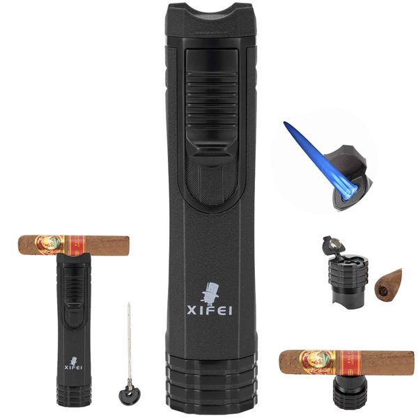 XIFEI Cigar Lighter 3-Angled Jet Flames, Cigar Puncher, Cigar Draw Enhancer, Cigar Stand, 4-in-1Refillable Butane Torch Lighter (Sand Black)